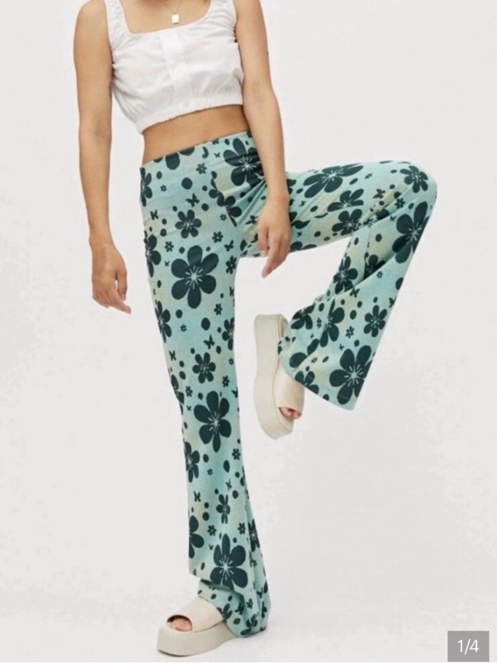Urban Outfitters Bryn Pull On Green Floral Flared Pants